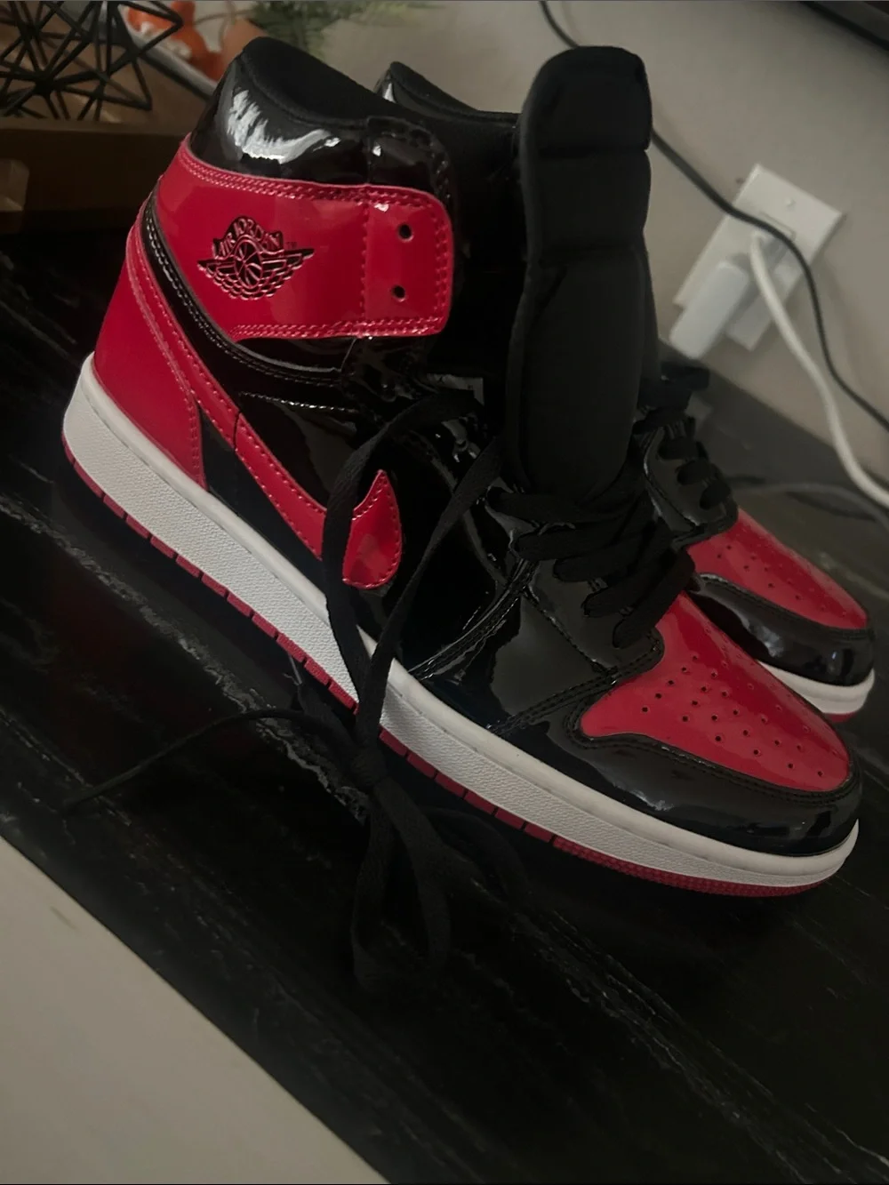 Jordan Patent Leather High-Top Sneakers in Black and Red No Box Unworn